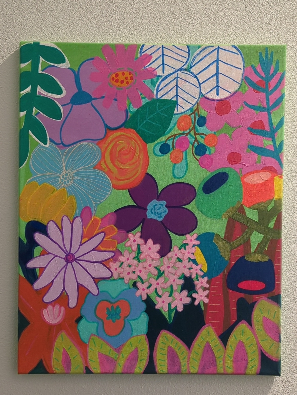 Bright Botanical Canvas Art in Green, Pink, Purple